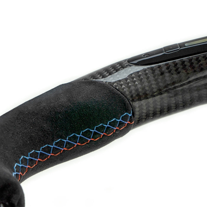 SHFT BMW F Series Flat Bottom Steering Wheel In Gloss Carbon Fibre & Alcantara With LED Race Display