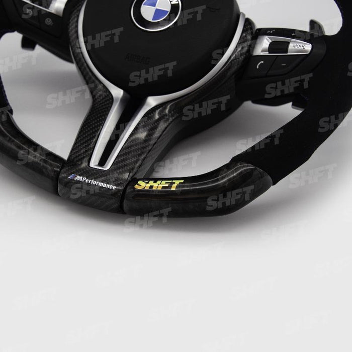 SHFT BMW F Series Flat Bottom Steering Wheel In Gloss Forged Carbon Fibre & Alcantara